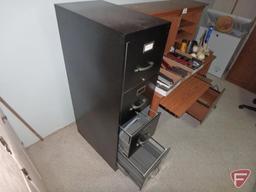 Wood desk with hutch, 51inHx48inWx24inD, 4 drawer metal filing cabinet, and black office chair.