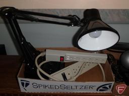 Office supplies, desk lamp, power strips, speakers, pen/pencil sets, Royal crosscut paper shredder