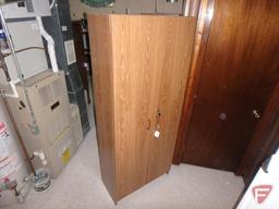 Pressed wood storage cabinet, 2 door with lock, has keys, 6 adjustable shelves