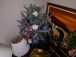 Milk can with artificial flowers, (2) table lamps, metal ash bucket/shovel, fireplace tools,
