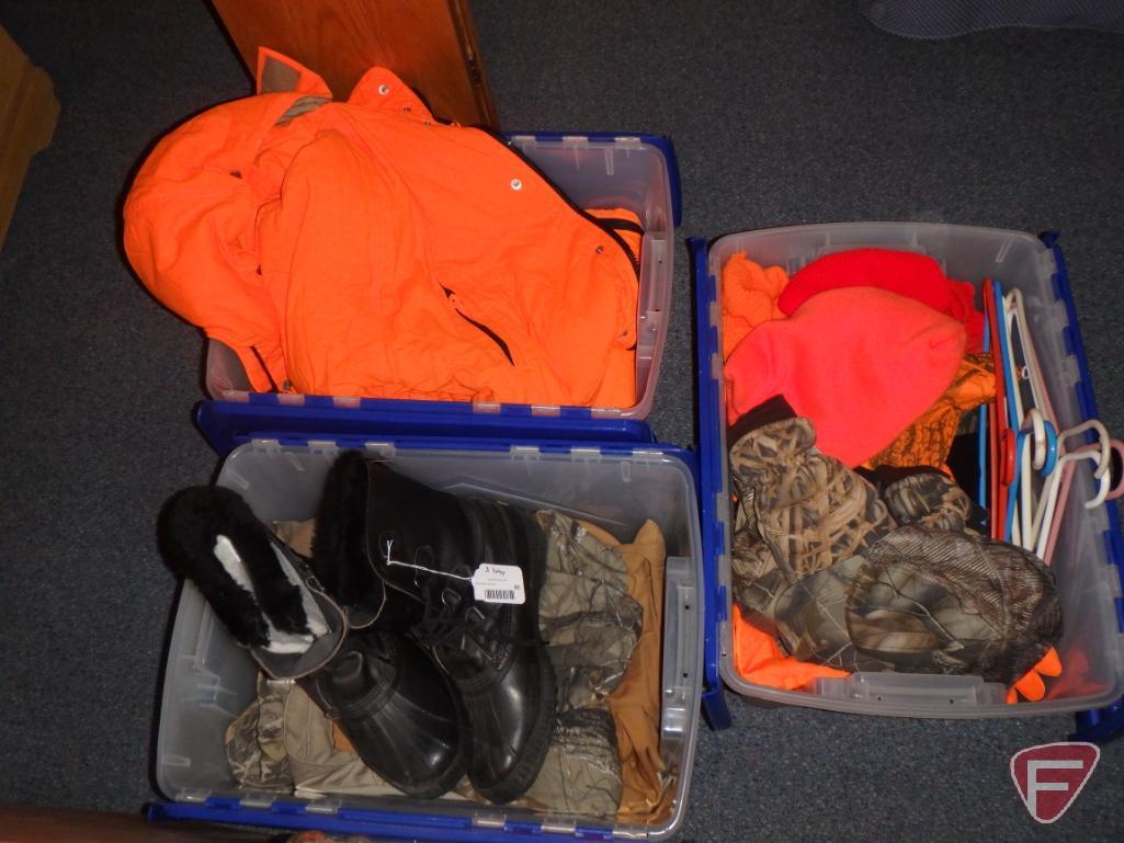 Hunting clothing 2XL, boots size 12, hats and gloves. Contents of 3 totes.