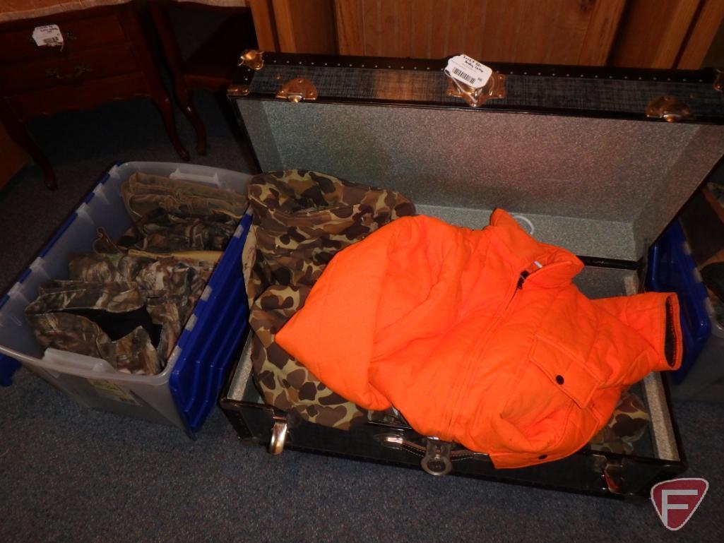 Trunk/foot locker and hunting clothing, jackets 2XL, pants 44 waist.