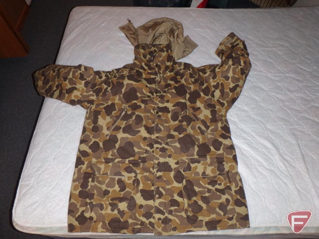 Trunk/foot locker and hunting clothing, jackets 2XL, pants 44 waist.