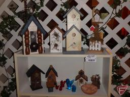 Birdhouse themed items, painted wood storage cabinet, 4 drawers, 30inH, table lamp, post 37inH