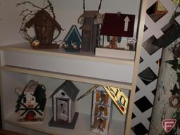 Birdhouse themed items, painted wood storage cabinet, 4 drawers, 30inH, table lamp, post 37inH
