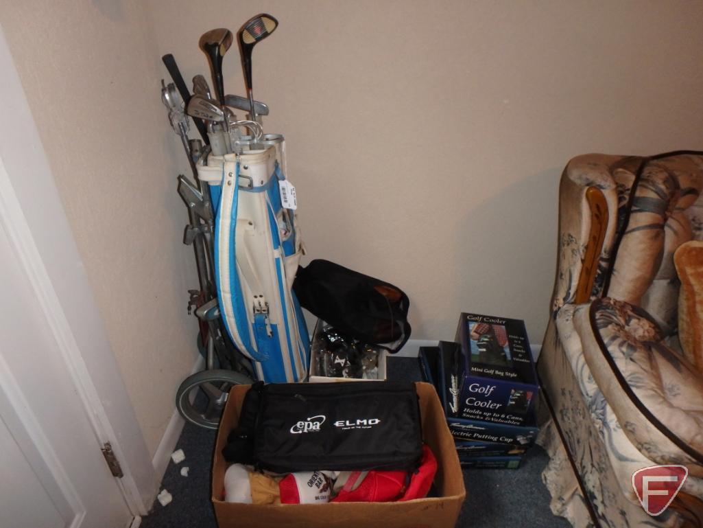 Golf items, bag on hand cart, shoes, golf bag cooler, electric putting cup, chipping net,