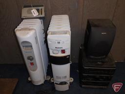 (2) electric portable heaters, Emerson compact stereo system with remote, radio/cassette, CD,