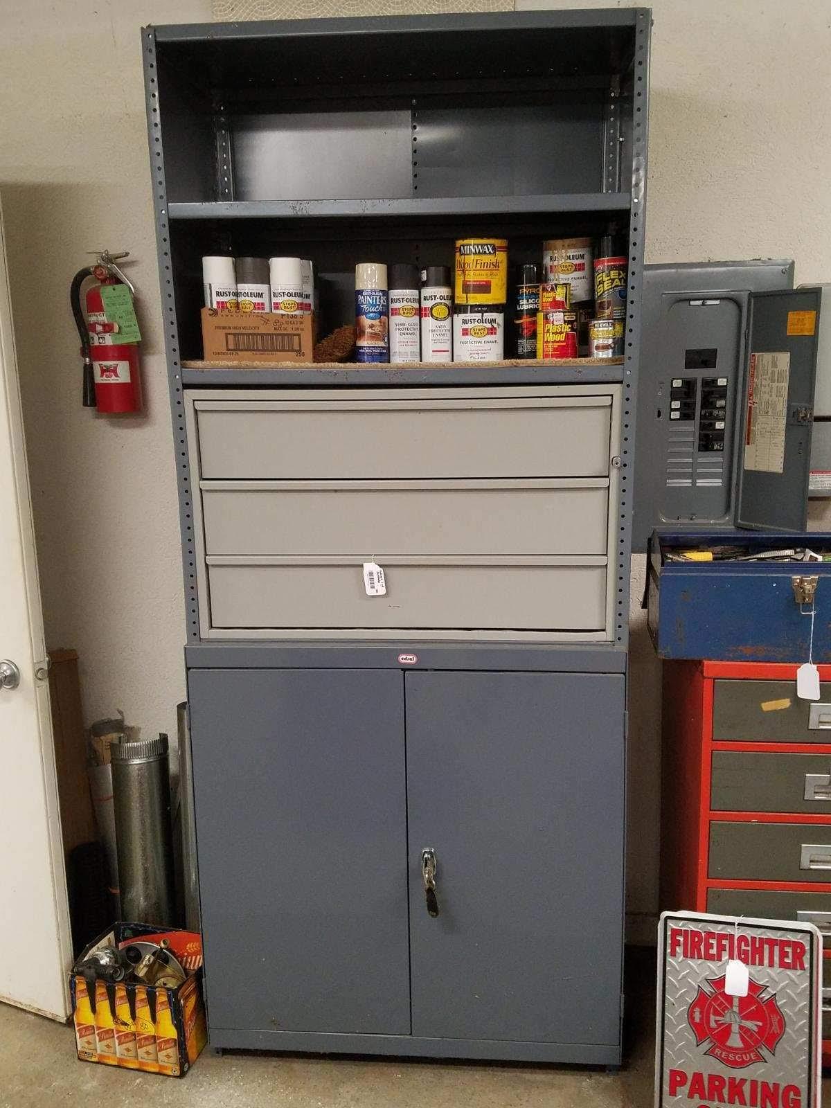 Edsal metal cabinet, 2 shelves, 3 drawers, and 2 doors, locking with keys, 85inHx36inWx19inD,