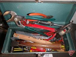 Metal cart on wheels, 32inHx36inWx25inD, metal tool box with hand tools, Dayton 6in Bench