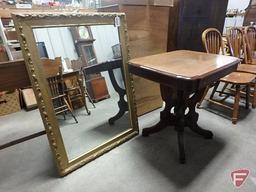 Wood parlor table and 30inx42in framed wall mirror. Both.