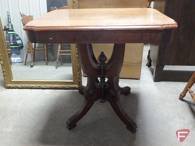 Wood parlor table and 30inx42in framed wall mirror. Both.