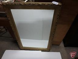 Wood parlor table and 30inx42in framed wall mirror. Both.