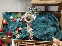 Holiday/Christmas decorating items, lights, garland, artificial tree, sleds, nativity set.