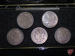 Morgan Silver Dollars: 1901 O XF, 1892 O VG to F, 1883 P VG, 1880 P VG, 1921 S XF