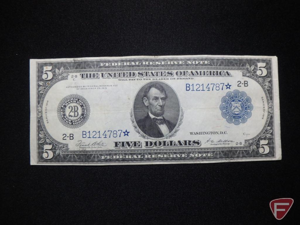 1914 $5 Federal Reserve Note horse blanket 2-B star note VF