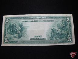 1914 $5 Federal Reserve Note horse blanket 2-B star note VF