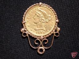 1893 1/2 Eagle Gold $5 coin XF cleaned in 10K Yellow Gold pendant setting