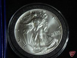 1992 U.S. Silver Eagle BU, 1986 Statue of Liberty Proof 90% Silver Dollar in original Mint packaging