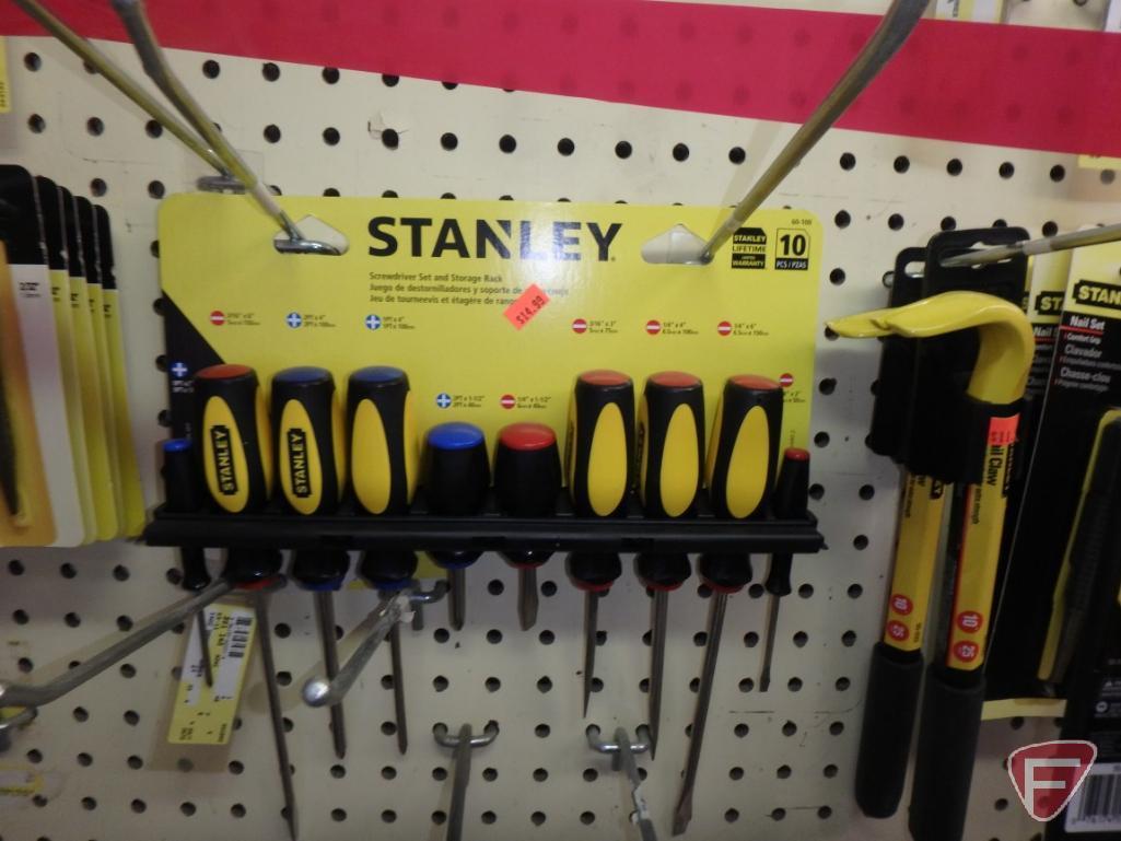 Stanley tools: nail claws, wonderbar, claw hammers, screwdriver set, adjustable wrench, nail set