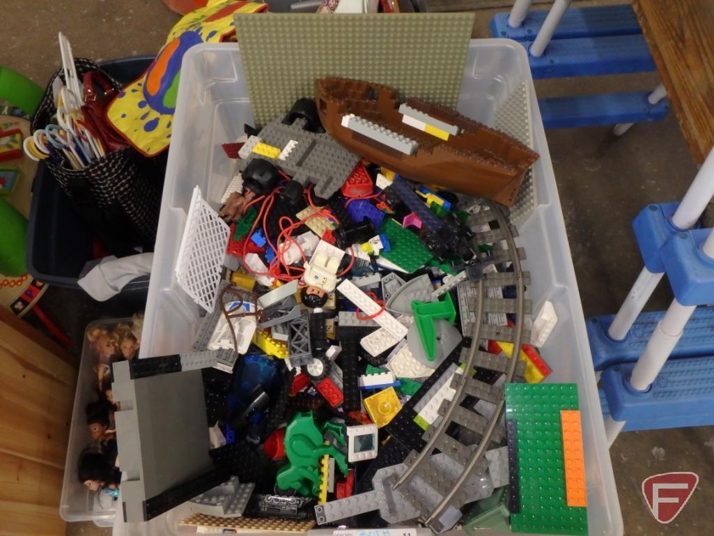 Lego building bricks. Plastic drawers and tote with cover and all contents