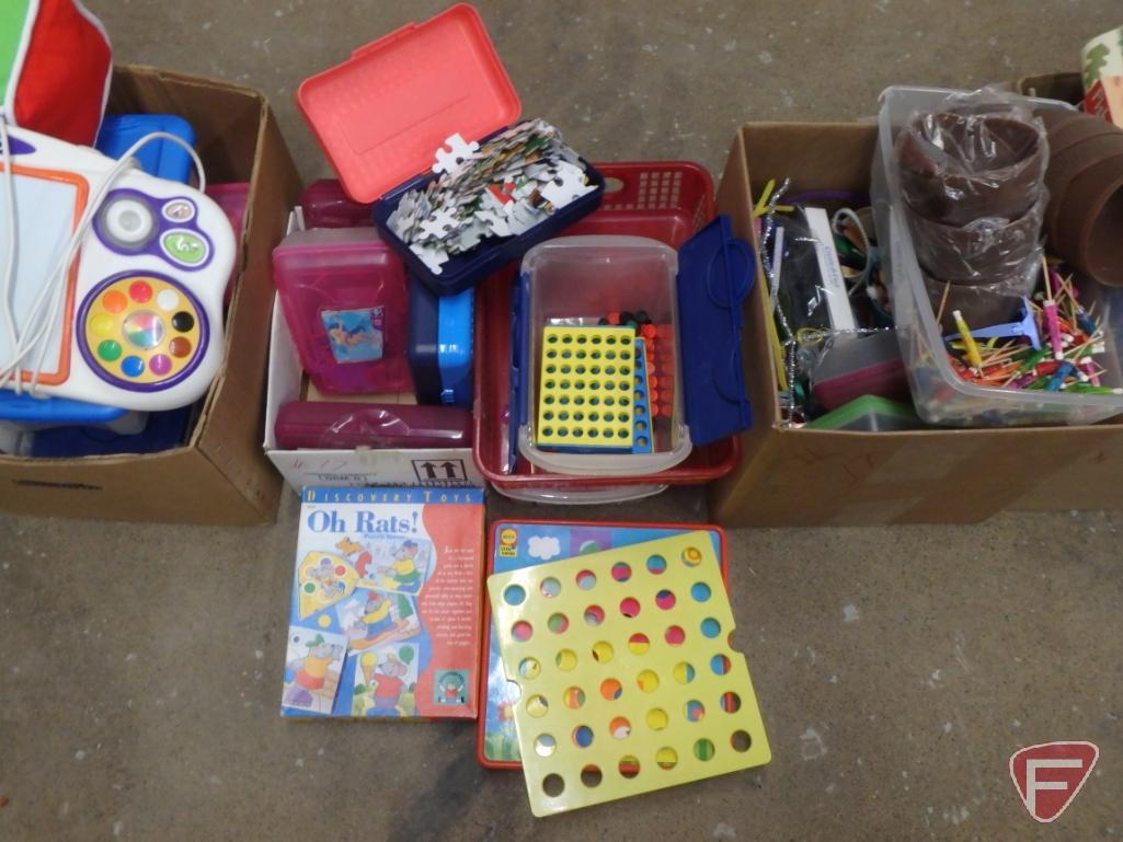Hanging organizer, shape bins, games, puzzles, craft supplies,