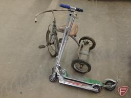 Vintage trike, Razor scooter, and Huffy micro scooter. 3 pieces