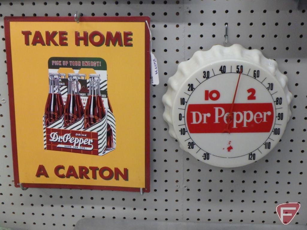 Dr Pepper metal sign 16inHx13inW and Dr Pepper bottle cap thermometer, plastic, 9in round face.