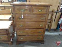 Wood dresser/storage chest, 5 drawers, 48inHx36inWx19inD. Matches lots 375, 376, and 378