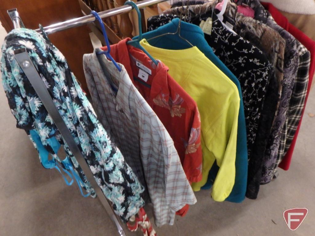 Ladies clothing and scarves, jackets, shirts, most are size L. All clothing on rack and scarves in