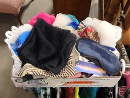 Ladies clothing and scarves, jackets, shirts, most are size L. All clothing on rack and scarves in