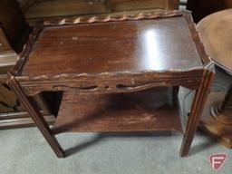 Wood table/shelf, foot stool, table/floor lamp, and bags.