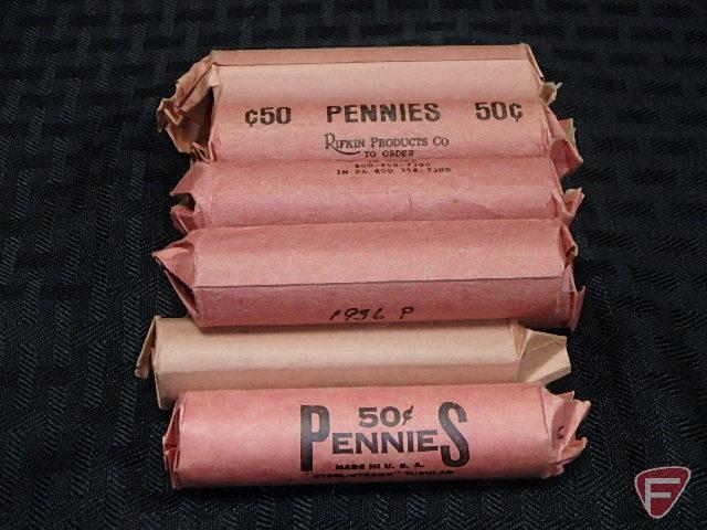 50-coin rolls of circulated wheat pennies, 1956D, 1957D, 1953D,1955D, 1944D, 1956D, 1958D,