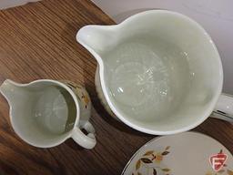 Hall's Superior Quality Dinnerware, Autumn Leaf pattern, serving dish, cream, and pitcher