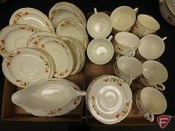Hall's Superior Quality Dinnerware, Autumn Leaf pattern, gravy boat, teacups and saucers