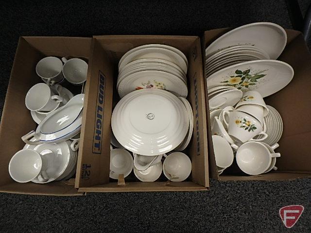 Dishware, Victory made in USA, off-white dishes with roses, and white dishes, maker unknown