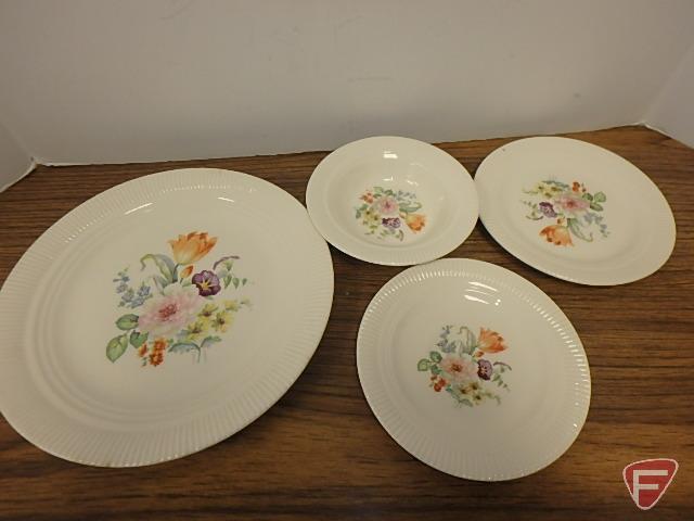 Dishware, Victory made in USA, off-white dishes with roses, and white dishes, maker unknown