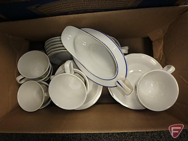 Dishware, Victory made in USA, off-white dishes with roses, and white dishes, maker unknown