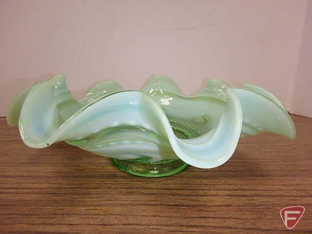 Ruffled opalescent green glass bowl