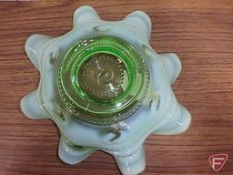 Ruffled opalescent green glass bowl