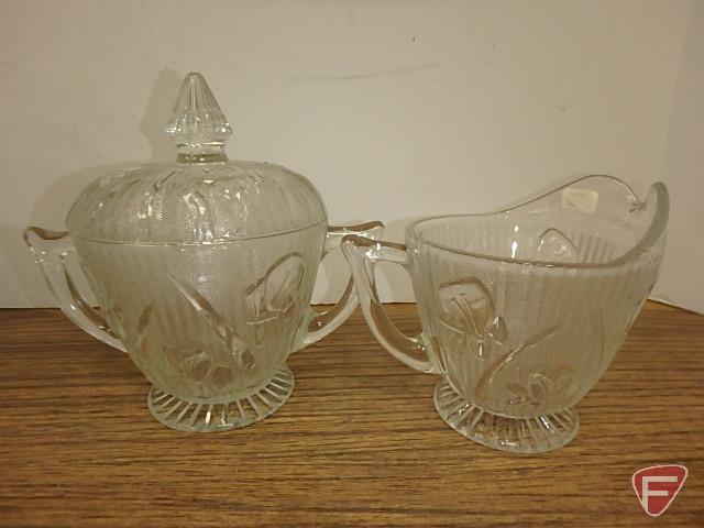 Iris pattern, pitcher, glasses, stemware, bowls, not all matching