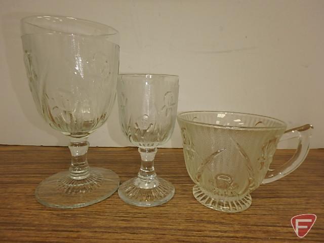 Iris pattern, pitcher, glasses, stemware, bowls, not all matching