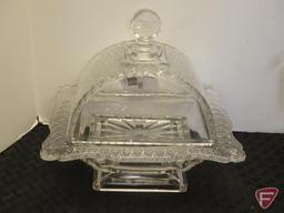 Vintage glass covered butter dish with matching pitcher, both