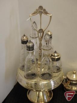 Metal cruet condiment set oil and vinegar bottles, metal cream and sugars, and other assorted metal