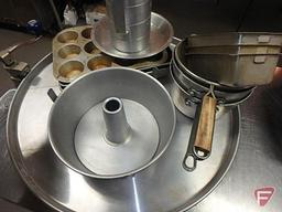 Assorted metal bakeware: bundt pan, angel food cake pan, 9X13 cake pans,