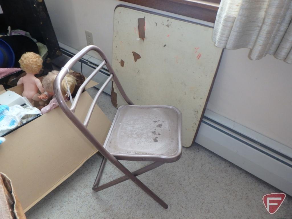 Childs rocking chair, folding table, chair, dolls, doll accessories and clothing, nursery scale