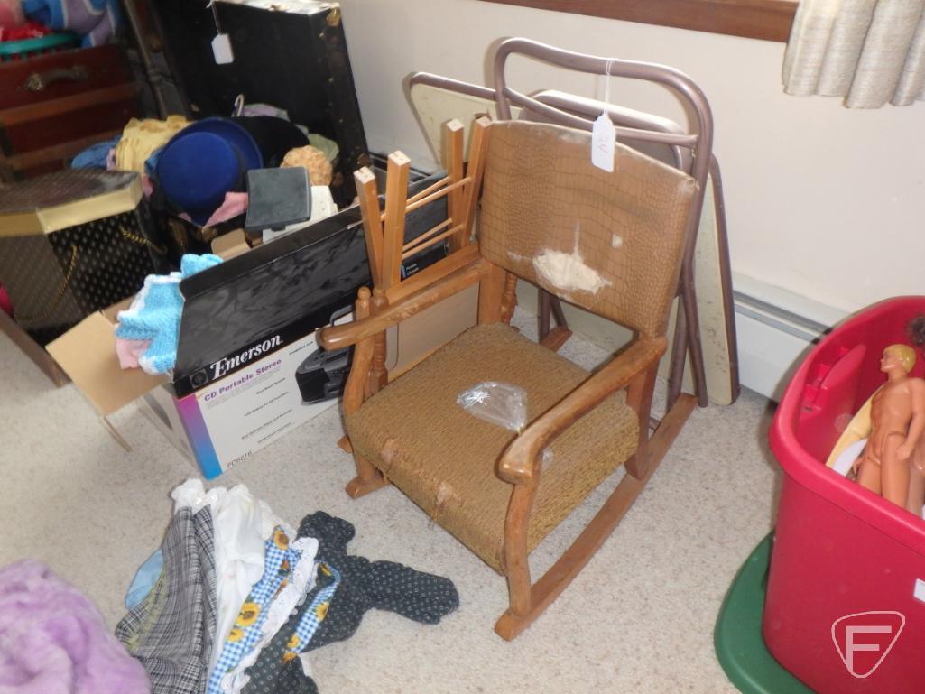 Childs rocking chair, folding table, chair, dolls, doll accessories and clothing, nursery scale