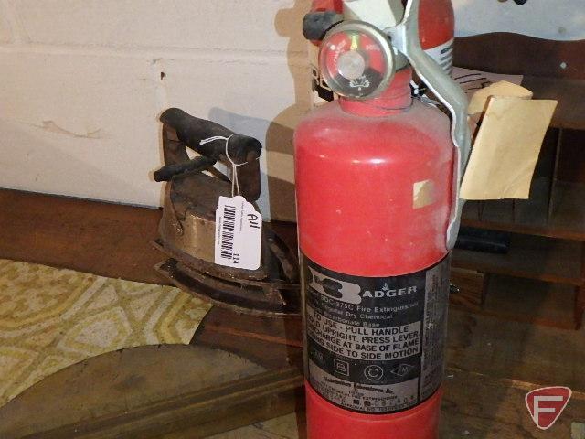 Brass square bar stock, fire extinguishers, electric motor, sad iron