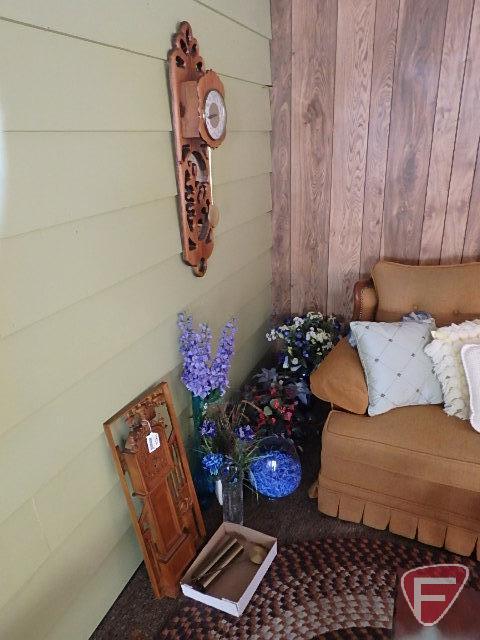 (2) wall clocks: wood one made in Watertown, MN and other resign clock, artificial flowers, and vase