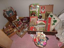 Vintage Christmas tree ornaments, cards, paper, in vintage suitcase