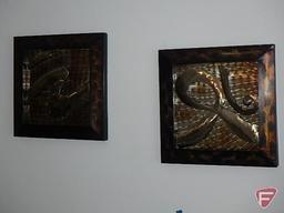 (3) metal wall hangings and wood wall art